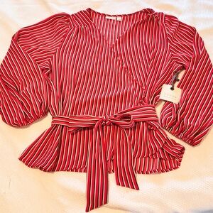 HINGE Red & White Striped Wrap Blouse
